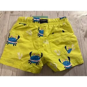 Surf Cuz Swim Shorts 2T Yellow‎ Crab Print Drawstring Elastic Waist Kids